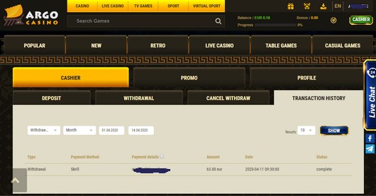 Argo casino Wypłaty