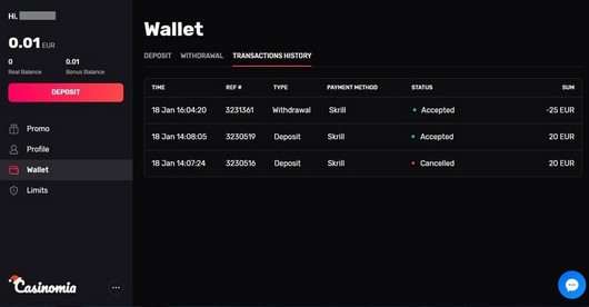 casinomia Casino Wypłaty